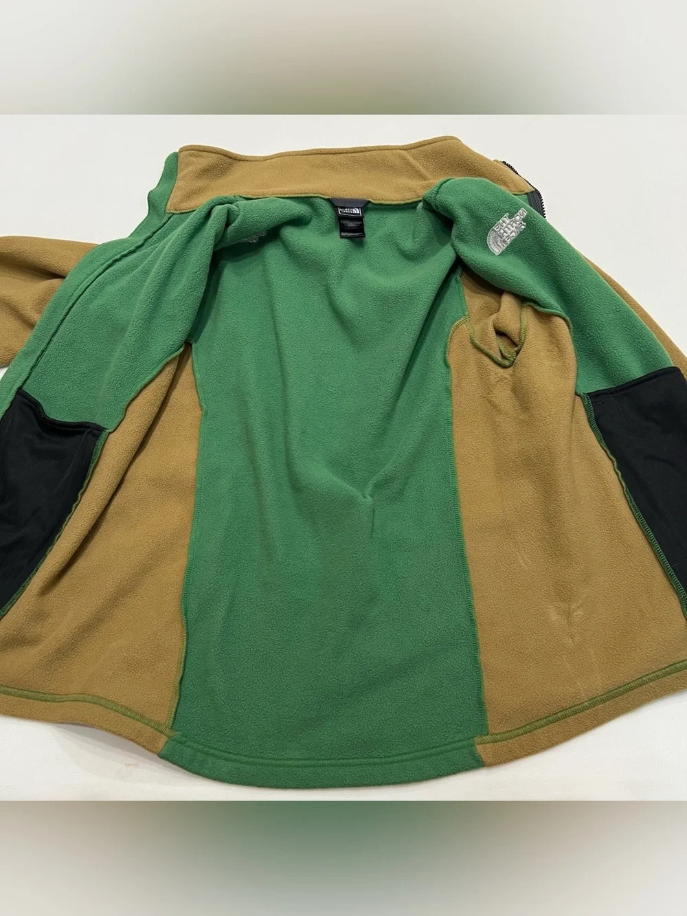 The North Face Full Zip Fleece Sweater Green Tan Color Block Men's Size Small